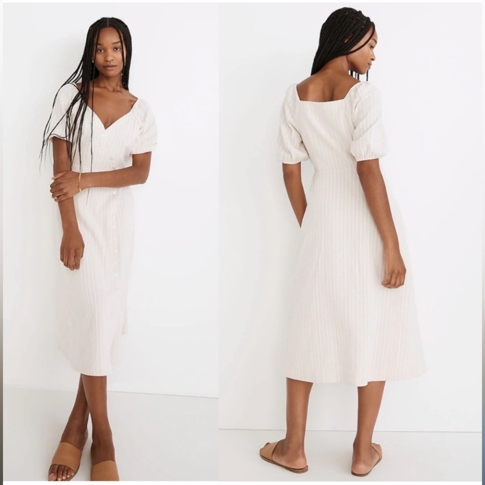 NWT, Madewell Puff-Sleeve Button-Wrap Midi Dress, Off White Undyed Stripe, SZ 14